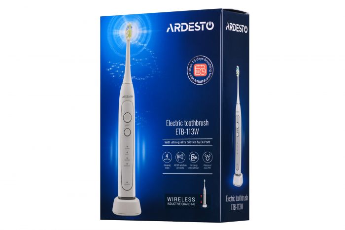 Електрична зубна щітка Ardesto ETB-113W біла/2 насадки/індукційна зарядна база зі станд. вилкою живлення/IPX7