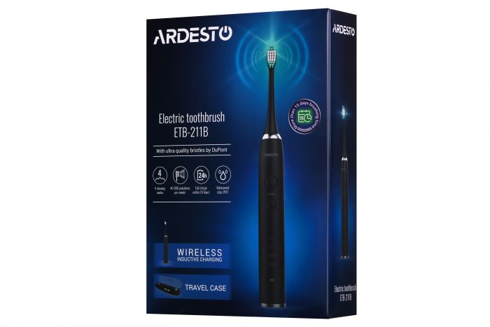 Електрична зубна щітка Ardesto ETB-211B чорна/5 насадок/індукційна зарядна база зі станд. вилкою живлення/кейс/IPX7