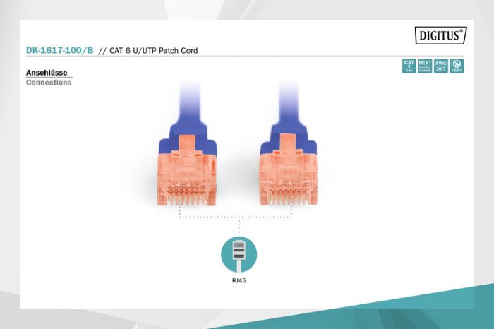 Патч-корд DIGITUS CAT 6 UTP, 10м, AWG 26/7, Cu, LSZH, синього кольору