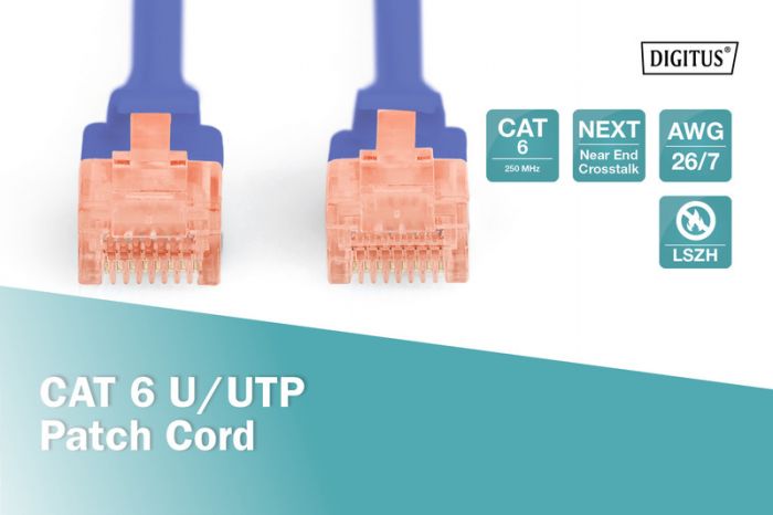 Патч-корд DIGITUS CAT 6 UTP, 10м, AWG 26/7, Cu, LSZH, синього кольору