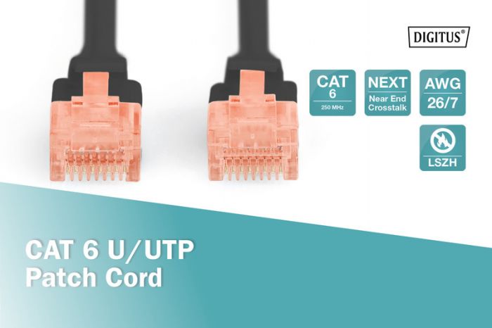 Патч-корд DIGITUS CAT 6 UTP, 10м, AWG 26/7, Cu, LSZH, чорний