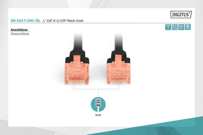 Патч-корд DIGITUS CAT 6 UTP, 10м, AWG 26/7, Cu, LSZH, чорний