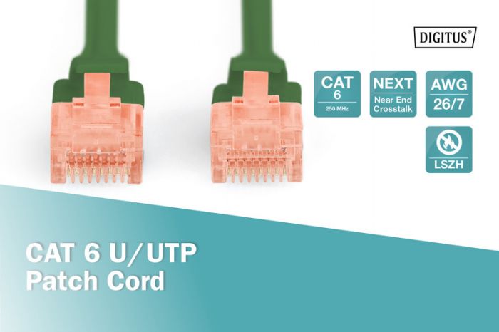 Патч-корд DIGITUS CAT 6 UTP, 10м, AWG 26/7, Cu, LSZH, зеленого кольору