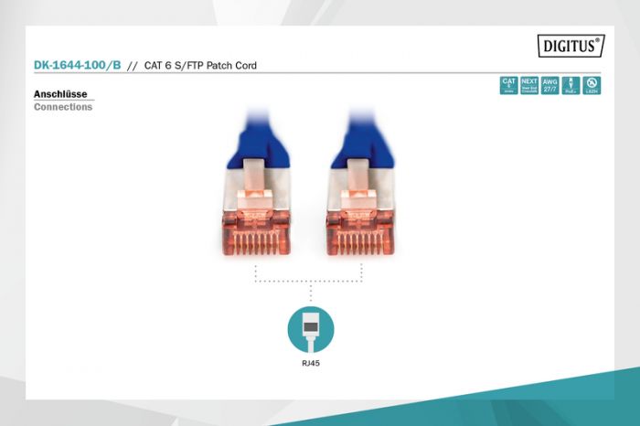 Патч-корд DIGITUS CAT 6 S-FTP, 10м, AWG 27/7, LSZH, синій