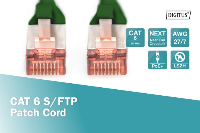 Патч-корд DIGITUS CAT 6 S-FTP, 10м, AWG 27/7, LSZH, зелений