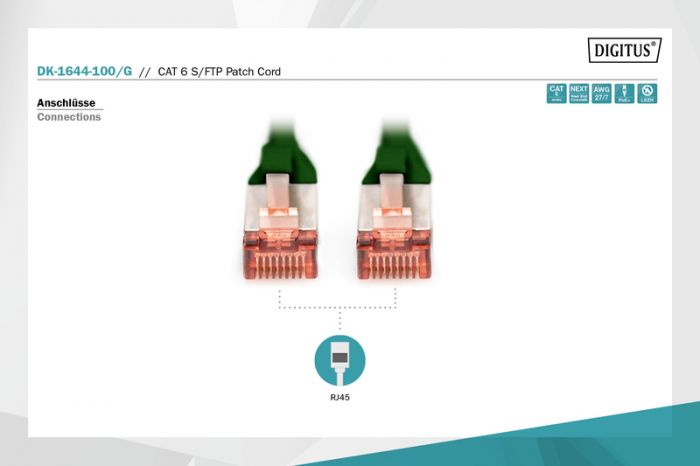 Патч-корд DIGITUS CAT 6 S-FTP, 10м, AWG 27/7, LSZH, зелений