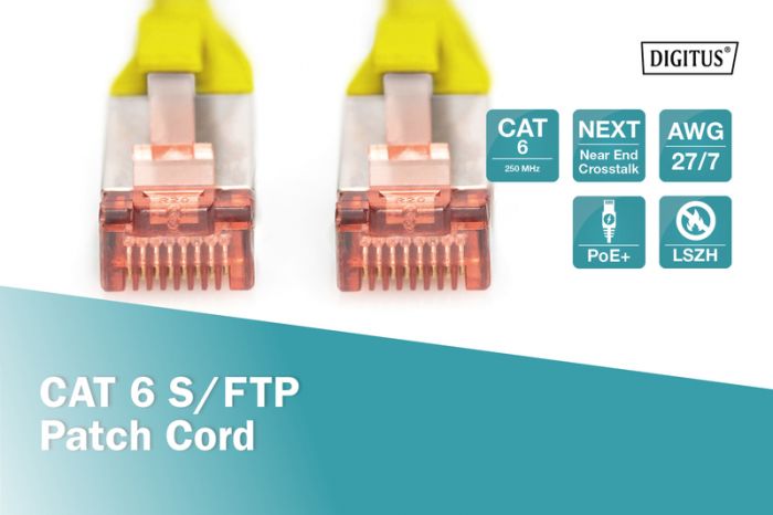 Патч-корд DIGITUS CAT 6 S-FTP, 10м, AWG 27/7, LSZH, жовтий