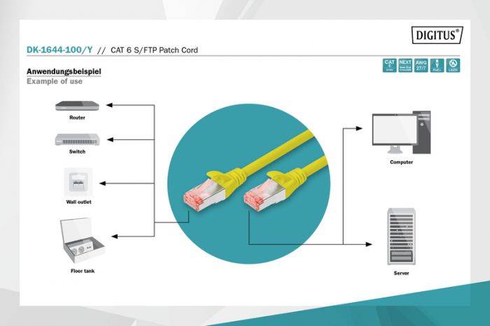 Патч-корд DIGITUS CAT 6 S-FTP, 10м, AWG 27/7, LSZH, жовтий