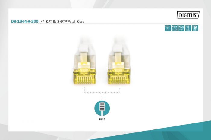 Патч-корд DIGITUS CAT 6а, SF-UTP, 20м, AWG 26/7, сірого кольору