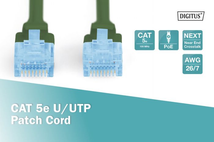 Патч-корд DIGITUS cat.5e, Cu, UTP, 10м, PVC AWG 26/7, зелений