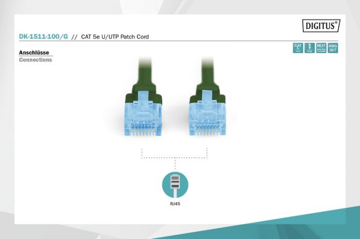 Патч-корд DIGITUS cat.5e, Cu, UTP, 10м, PVC AWG 26/7, зелений