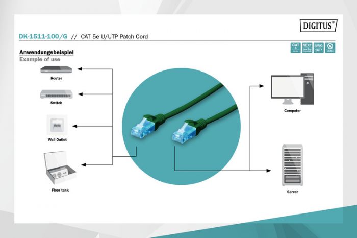 Патч-корд DIGITUS cat.5e, Cu, UTP, 10м, PVC AWG 26/7, зелений