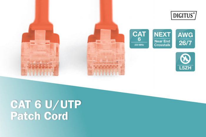 Патч-корд DIGITUS CAT 6 UTP, 0.25м, AWG 26/7, Cu, LSZH, червоний