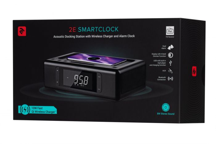 Акустична док-станція 2E SmartClock Wireless Charging, Alarm Clock, Bluetooth, FM, USB, AUX Black