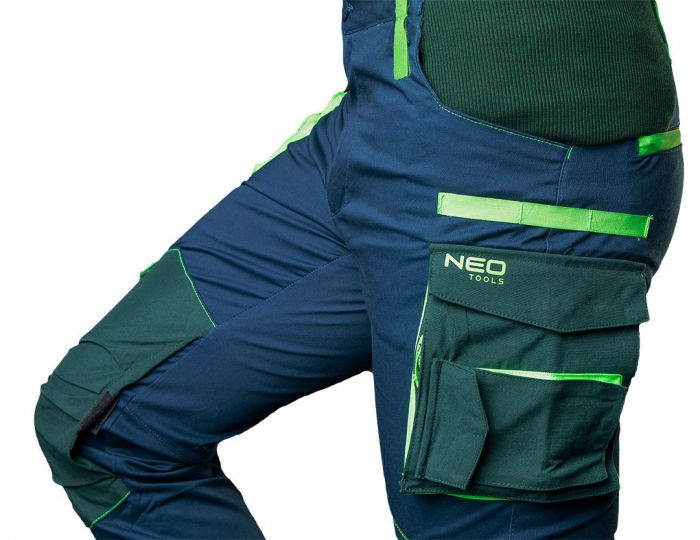 Штани робочі NEO Premium, розмір L (52), 270 г/м2, еластан з посиленою тканиною Cordura, світлоповертаючі елементи, профільовані коліна з відсіком для наколінників, еластична конструкція пояса, міцні кишені, сині