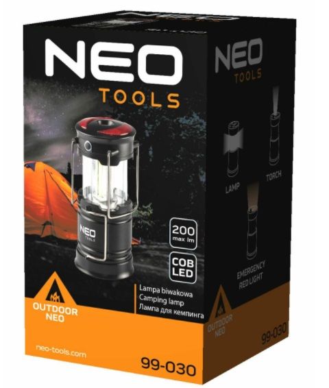 Ліхтар кемпінговий NEO, 200 люмен, 3 Вт, COB LED, 3 функції освітлення, 3 магніти в підставці, бічна та верхня ручка, червоне сигнальне світло, 3xAA