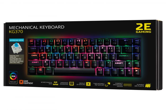 Клавіатура 2E GAMING KG370 RGB 68key Gateron Blue Switch USB Black UKR