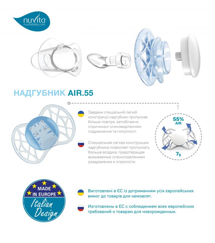 Пустушка Nuvita NV7066 Air55 Explorer ортодонтична 0m+ (заєць, ведмідь) 2шт