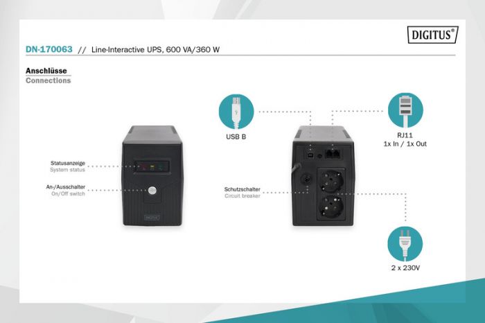 ДБЖ DIGITUS Line-Interactive, 600VA/360W, LED, 2xSchuko, RJ11, USB