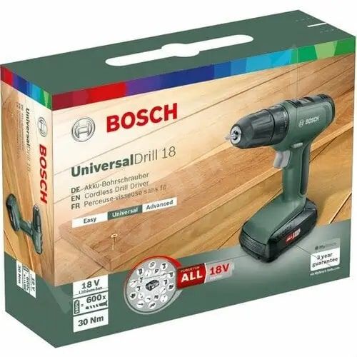 Шуруповерт-дриль Bosch UniversalDrill 18, 18В, 1.5Ач, 24Нм, 440/1450 об/хв, ЗП, 1.2кг, кейс