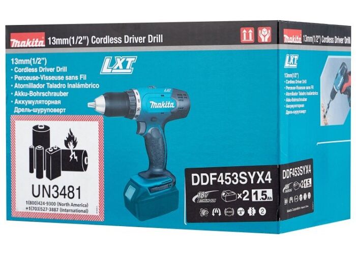 Шуруповерт-дриль Makita DDF453SYX4, акум, 18В, 1.5Ah х 2шт., -400/0-1300 об/хв, 42Нм, 1.6кг, кейс