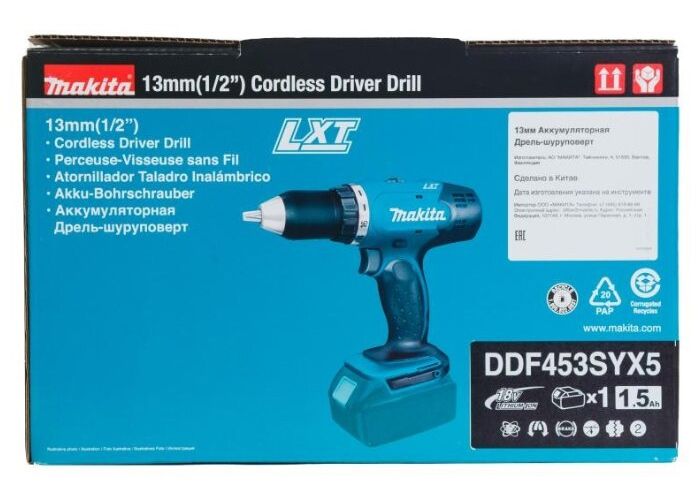 Шуруповерт-дриль Makita DDF453SYX5, акум, 18В LXT, 1.5Ah х 1шт., 400/0-1300 об/хв, 42Нм, 1.6кг, кейс