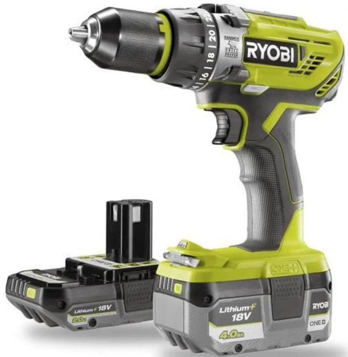 Ryobi Шуруповерт-дриль ONE+ R18PD31-242VTA55, 18В, ударна, 50Нм, АКБ 4Ач+2Ач, валіза+оснастка