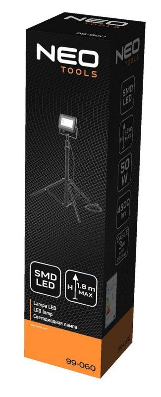 Прожектор Neo Tools, 4500 люмен, 50Вт, SMD LED, 220 В, кабель 3 м з вилкою, на штативі 1.8 м, алюмінієвий, IP65