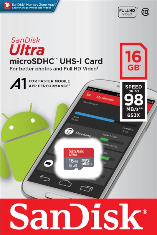Карта пам'яті SanDisk microSD   16GB C10 UHS-I R98MB/s Ultra