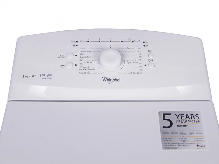 Пральна машина з верт. завант. Whirlpool AWE5080, 5кг, 800, A++, 40см, Білий