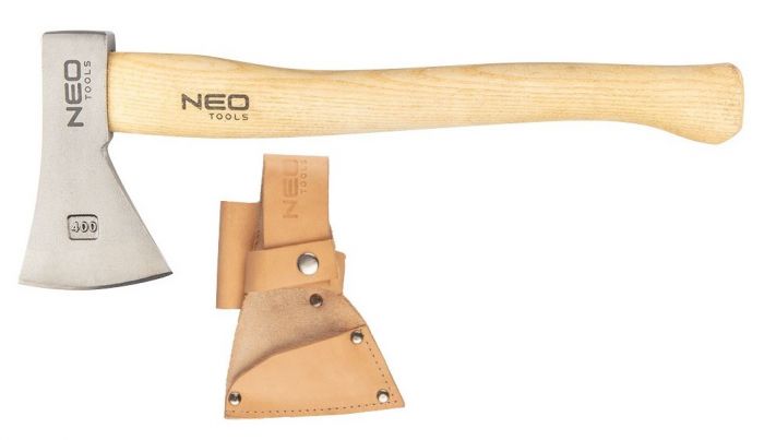 Сокира туристична NEO "Bushcraft", обух 400 г, рукоятка з ясеню, шкіряний чохол