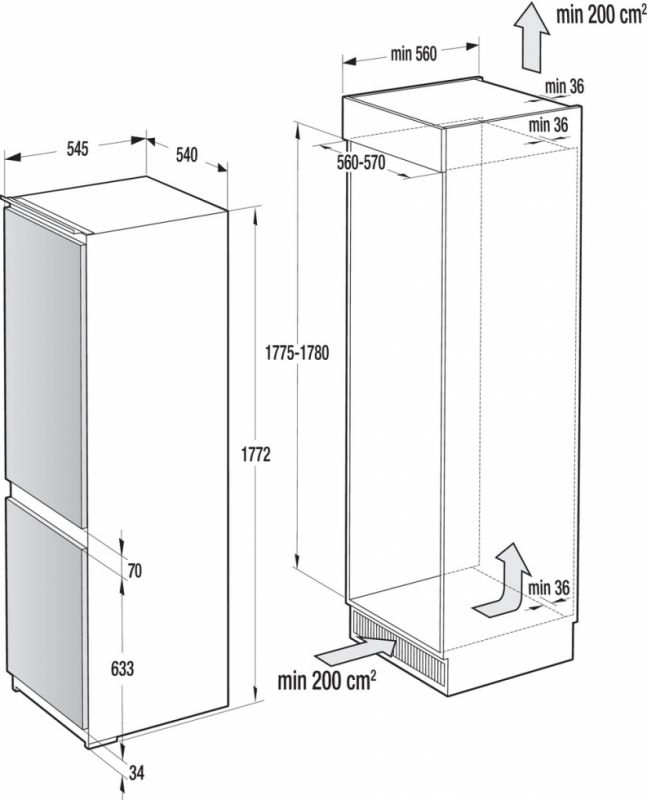 Вбуд. холодильник з мороз. камерою Gorenje NRKI4182E1, 177х55х54см, 2 двері, 180( 68)л, А+, NF+ , Зона св-ті, Внутр. Диспл, Біли