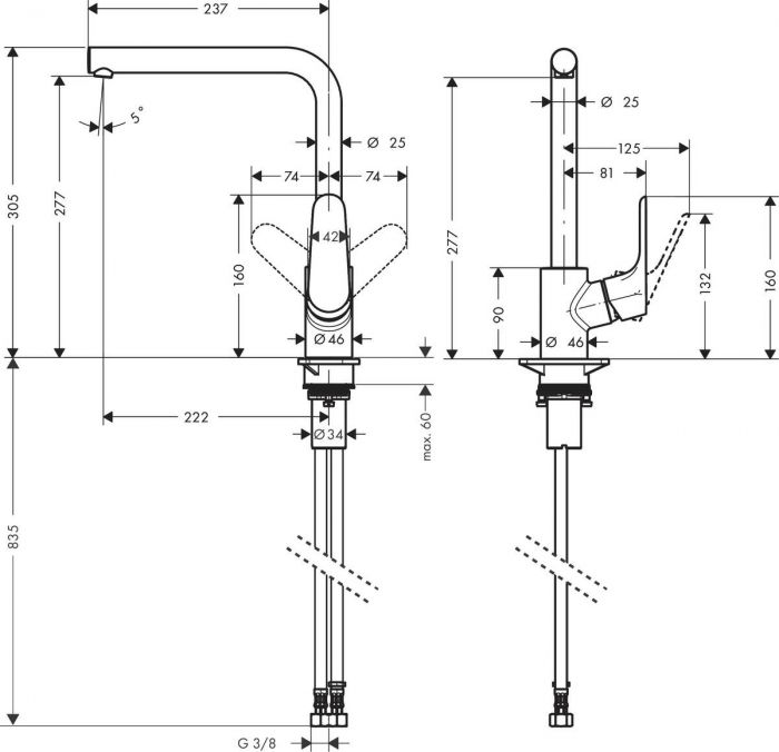 Змішувач Hansgrohe Focus для кухонної мийки/31817800/280мм, 1-струменевий/з L-подібним поворотним виливом/важіль збоку/форма кругла/сталь
