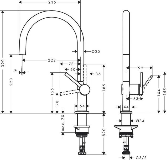 Змішувач Hansgrohe Talis M54 для кухонної мийки/72804000/220мм, 1-струменевий/поворотний/важіль збоку/форма округла/хром