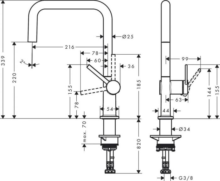 Змішувач Hansgrohe Talis M54 для кухонної мийки/72806000/220мм, 1-струменевий/поворотний/важіль збоку/форма округла/хром