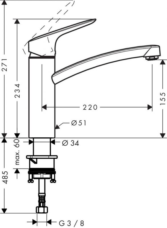 Змішувач Hansgrohe Logis для кухонної мийки/71832000/160мм, 1-струменевий/поворотний/важіль зверху/форма округла/хром