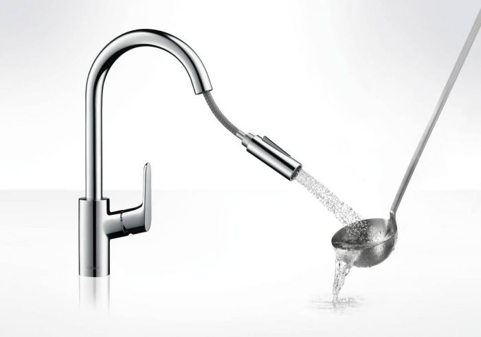 Змішувач Hansgrohe Focus для кухонної мийки/31815000/240мм, 2-струменевий/поворотний/з витяжним душем/важіль збоку/форма кругла/хром