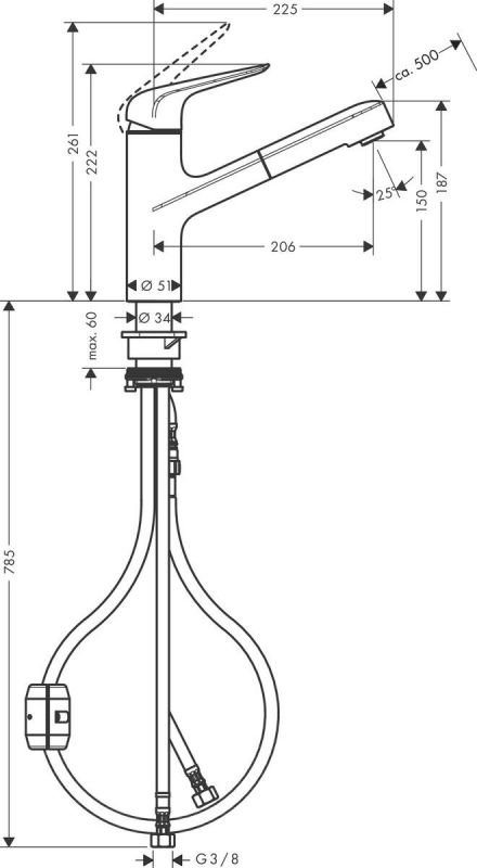 Змішувач Hansgrohe Focus M42 для кухонної мийки/71814000/160мм, 2-струменевий/поворотний/з витяжним душем/важіль зверху/форма округла/хром