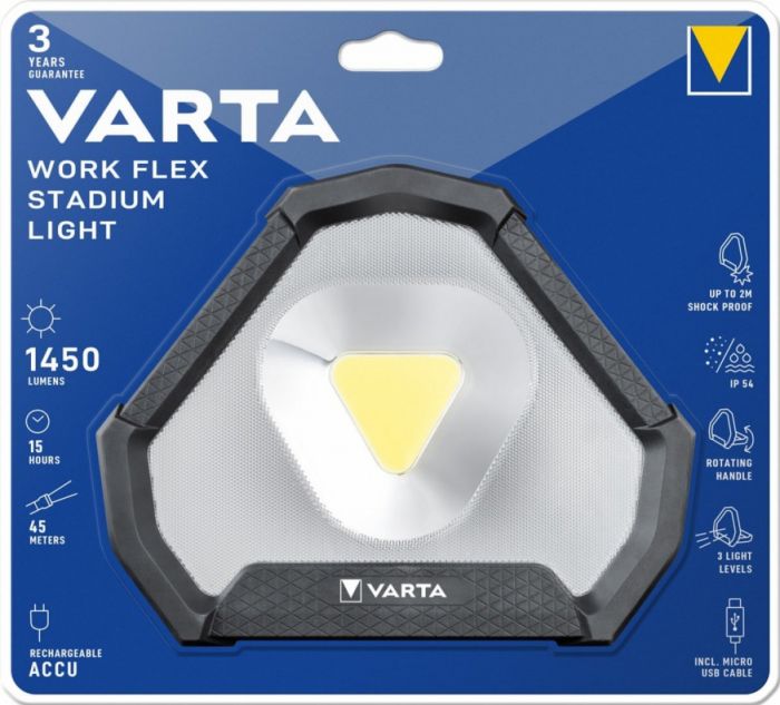 Ліхтар VARTA Інспекційний Work Flex Stadium,  IP54, до 1450 люмен, до 45 метрів, 3 режими,  передзаряджаємий ліхтар, Micro-USB
