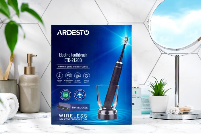 Електрична зубна щітка Ardesto ETB-212CB чорна/4 насадки/індукційна зарядна база зі станд. вилкою живлення/кейс/IPX7