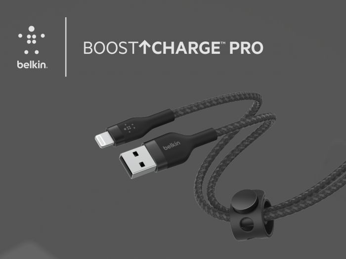 Кабель Belkin USB-A - Lightning плетений, силіконовий, з ремінцем на магніті, 1м, Black