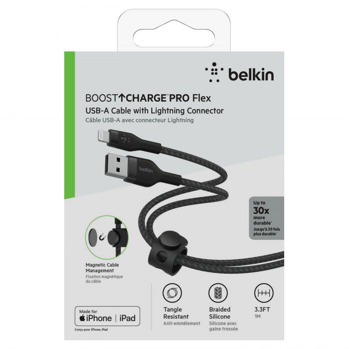 Кабель Belkin USB-A - Lightning плетений, силіконовий, з ремінцем на магніті, 1м, Black