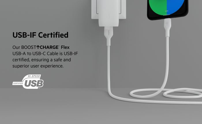 Кабель Belkin USB-A - USB-C силіконовий, з кліпсою, 2м, білий