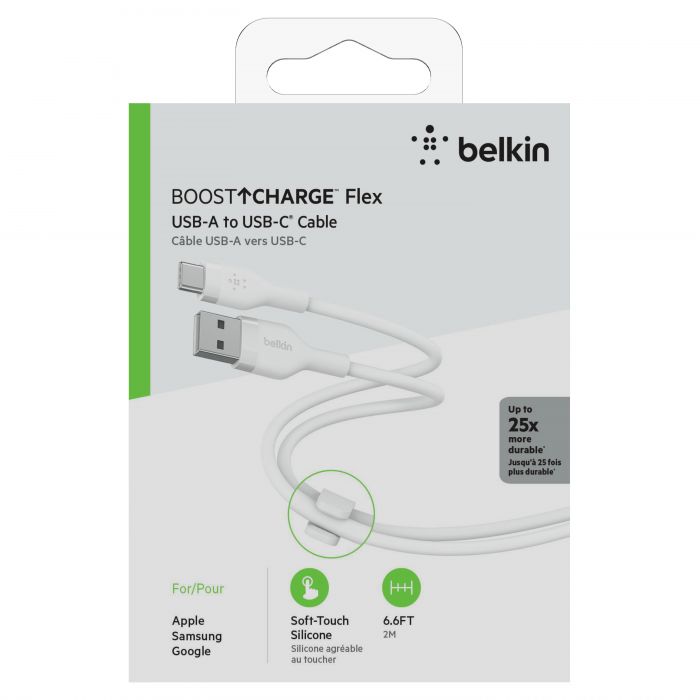 Кабель Belkin USB-A - USB-C силіконовий, з кліпсою, 2м, білий