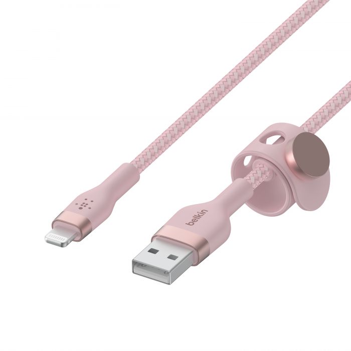 Кабель Belkin USB-A - Lightning плетений, силіконовий, з ремінцем на магніті, 1м, рожевий