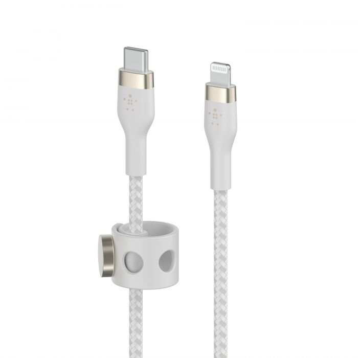 Кабель Belkin USB-С - Lightning плетений, силіконовий, з ремінцем на магніті, 1м, білий