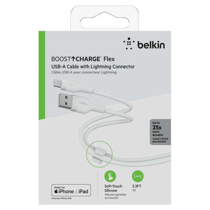 Кабель Belkin USB-A - Lightning силіконовий, з кліпсою, 1м, білий