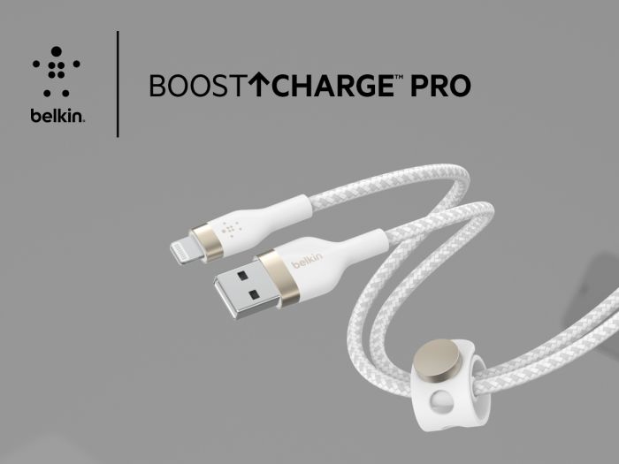 Кабель Belkin USB-A - Lightning плетений, силіконовий, з ремінцем на магніті, 1м, білий