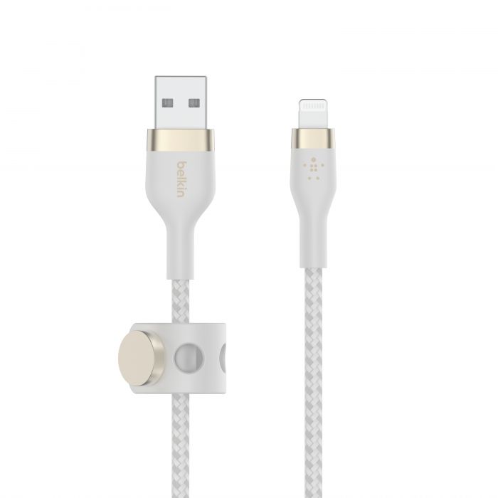 Кабель Belkin USB-A - Lightning плетений, силіконовий, з ремінцем на магніті, 1м, білий