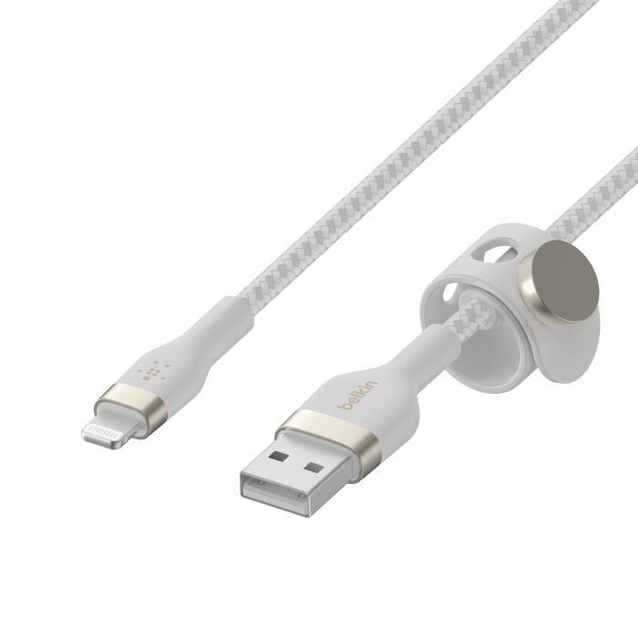 Кабель Belkin USB-A - Lightning плетений, силіконовий, з ремінцем на магніті, 1м, білий